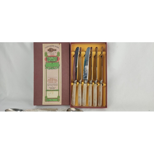 136 - A mixed lot of vintage cutlery including a boxed set of stainless steel knives.