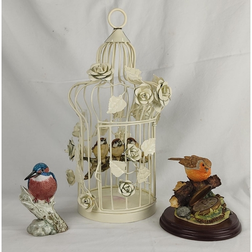 170 - A metal bird cage, measuring 35cm, a Mack bone china 'Kingfisher' ornament and a Border Fine Art 'Ro... 