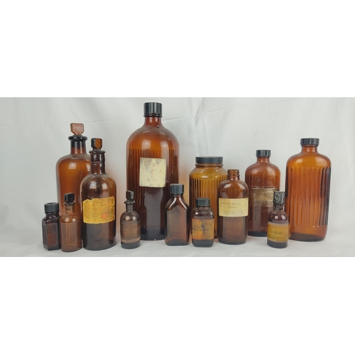 76 - A collection of vintage coloured glass chemist bottles, some with original labels.