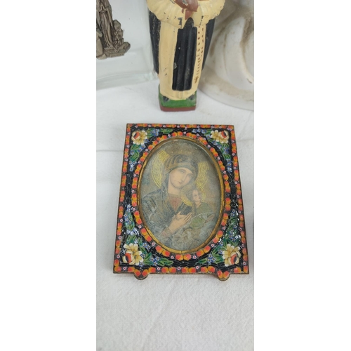 88 - A lot of vintage Religious items to include a miniature brass mosaic picture frame.
