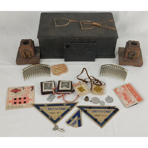 96 - An antique equestrian themed jewellery box and contents - a pair of wooden candlesticks, 'The Britis... 