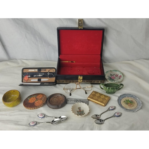 228 - A vintage jewellery box to include KIGU Rectangular Gold Tone Compact and more.