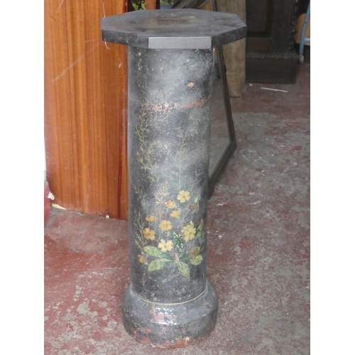 353 - An upcycled terracotta pipe, converted to a plant stand, with hand painted floral detail.