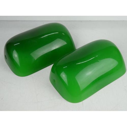 381 - 2 green glass bankers lamp shades.