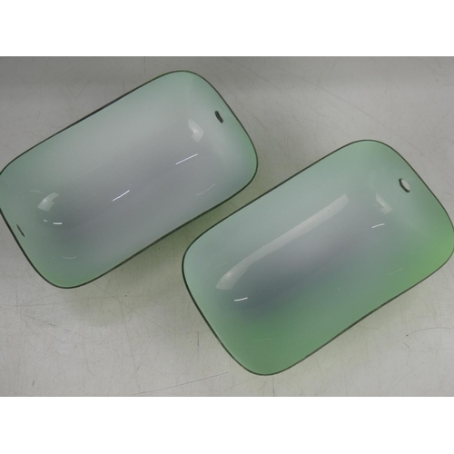 381 - 2 green glass bankers lamp shades.