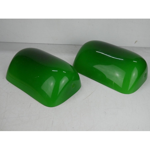 454 - 2 green glass bankers lamp shades.