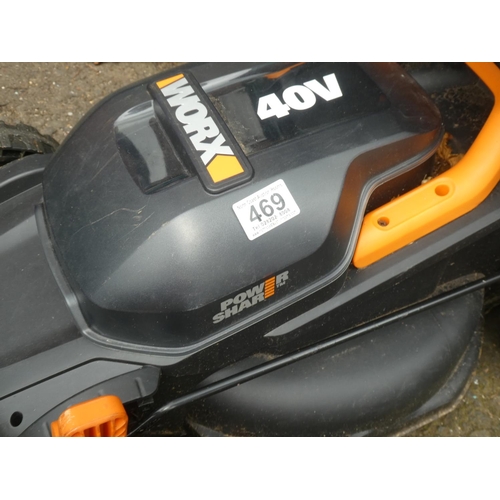 469 - A Worx 40V Power Shark cordless lawnmower. (lacking battery)