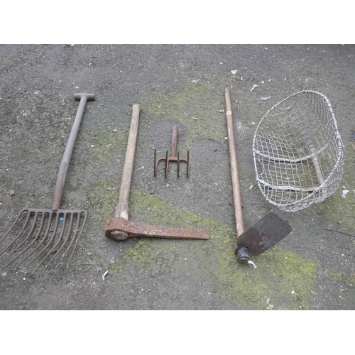 482 - An assorted garden tools and a metal wired basket.