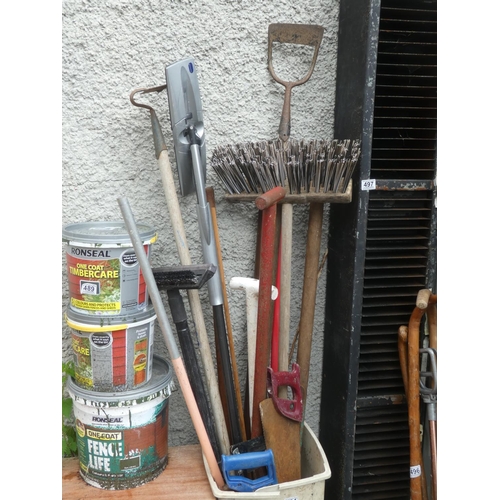 494 - A lot of assorted garden tools, yard brushes etc.