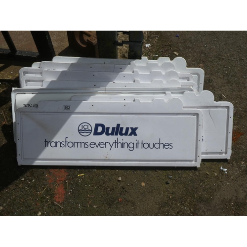 502 - 7 Dulux advertising shop signs, 90cm x 37cm.