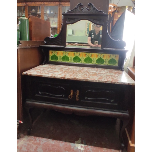 403 - A stunning antique marble topped wash stand with Art Deco tile splash back and mirror, 110cm x 160cm... 