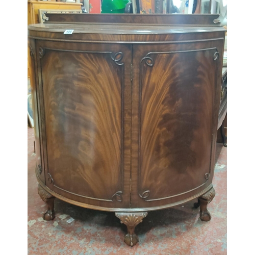 408 - A stunning antique mahogany demi lune cabinet on ball and claw feet and gallery back, measuring 105c... 