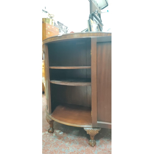 408 - A stunning antique mahogany demi lune cabinet on ball and claw feet and gallery back, measuring 105c... 