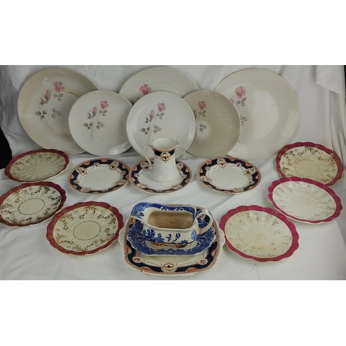 416 - A lot of assorted plates to include a Burleigh Ware 'Willow' pattern sauce boat and plate.