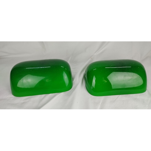 421 - 2 green glass bankers lamp shades.