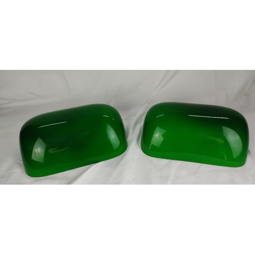 423 - 2 green glass bankers lamp shades.