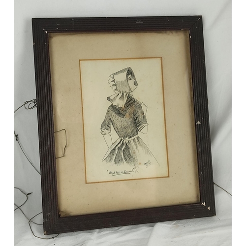 424 - An antique framed pen sketch 'That Lass O'Lowries' signed dated Dec 1905, 28cm x 23cm.