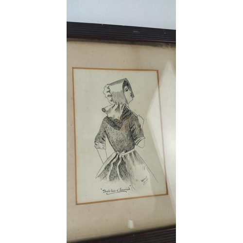 424 - An antique framed pen sketch 'That Lass O'Lowries' signed dated Dec 1905, 28cm x 23cm.