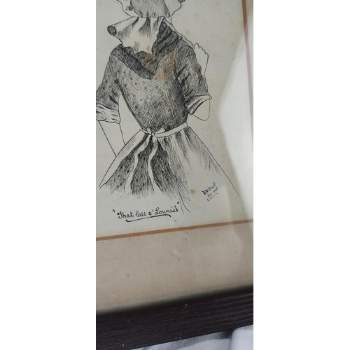 424 - An antique framed pen sketch 'That Lass O'Lowries' signed dated Dec 1905, 28cm x 23cm.