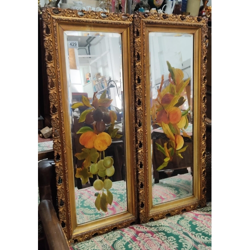 429 - A stunning pair of antique gilt framed hand painted mirror panels, 91cm x 40cm.