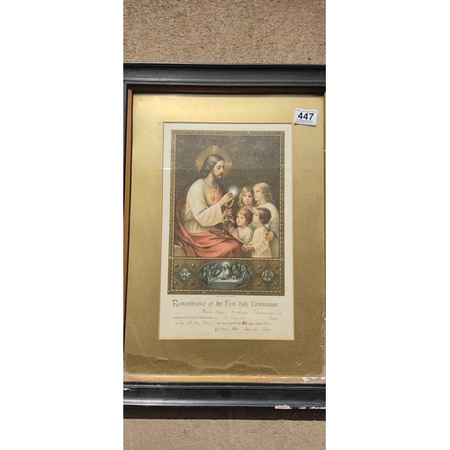 447 - Two vintage framed Holy Communion certificates, 55cm x 41cm.