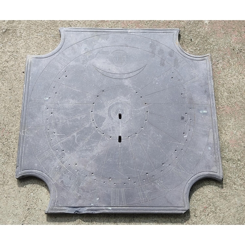 448 - An antique slate sundial base, measuring 49cm x 49cm