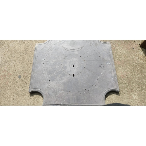 448 - An antique slate sundial base, measuring 49cm x 49cm