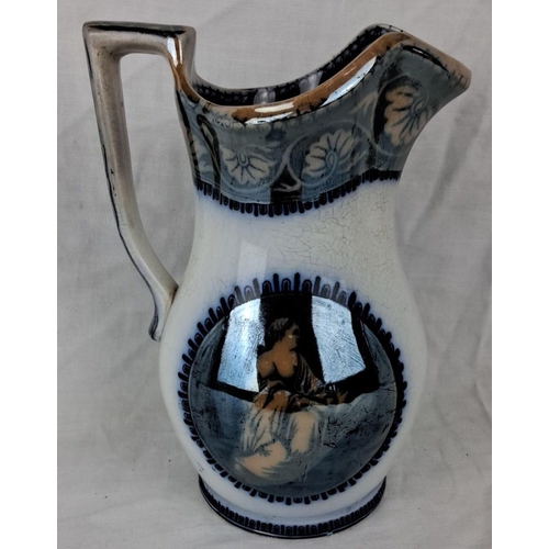 106 - Antique M.P. & Cie 'Sappho' Pitcher, ceramic with blue and white floral and figure motifs, marked on... 