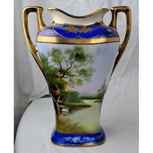 108 - Hand-painted porcelain vase featuring serene landscape scenes, enhanced with cobalt blue and gilded ... 