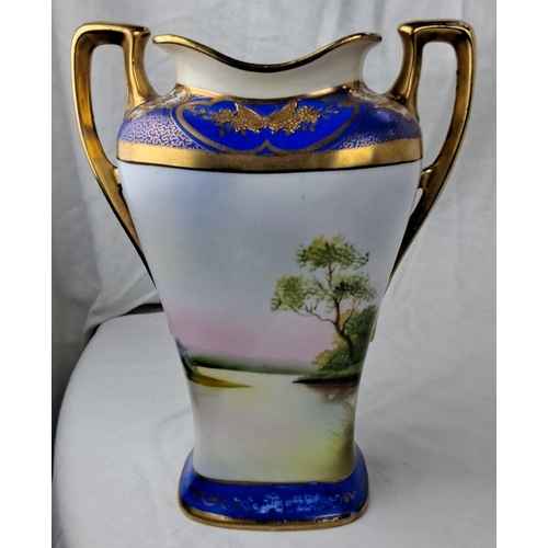 108 - Hand-painted porcelain vase featuring serene landscape scenes, enhanced with cobalt blue and gilded ... 