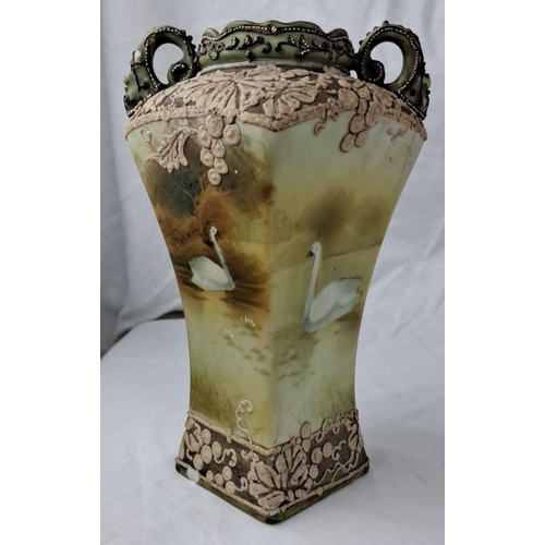 110 - Early 20th-century Noritake porcelain vase featuring a hand-painted swan lake scene with raised flor... 