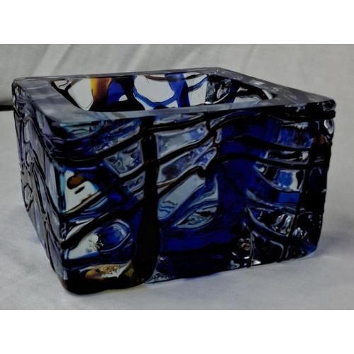 111 - Blue and amber Murano style art glass ashtray with an abstract design. Square shape with a depth of ... 