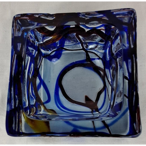 111 - Blue and amber Murano style art glass ashtray with an abstract design. Square shape with a depth of ... 