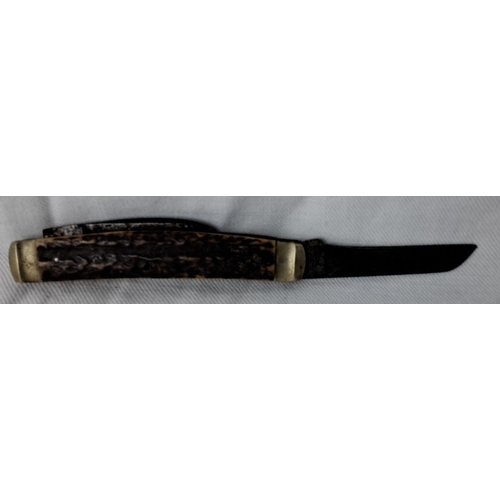 12 - Vintage 'Barber' pocket knife with unusual antler handle and brass bolsters. The blade is partially ... 