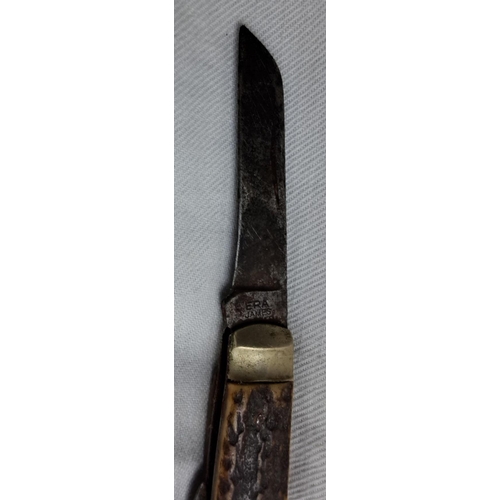 12 - Vintage 'Barber' pocket knife with unusual antler handle and brass bolsters. The blade is partially ... 