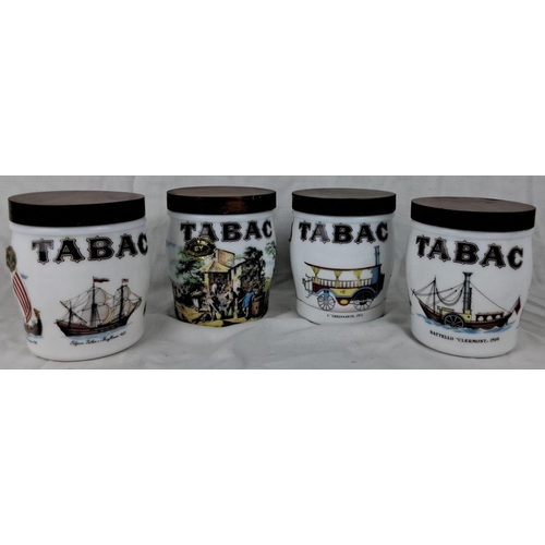 124 - Set of four Italian white glass tobacco jars by Cristallerie, featuring vintage ship and architectur... 