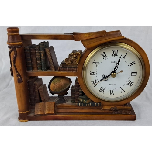 129 - Vintage bookshelf-themed Acetime quartz clock with Roman numeral dial, featuring detailed books and ... 