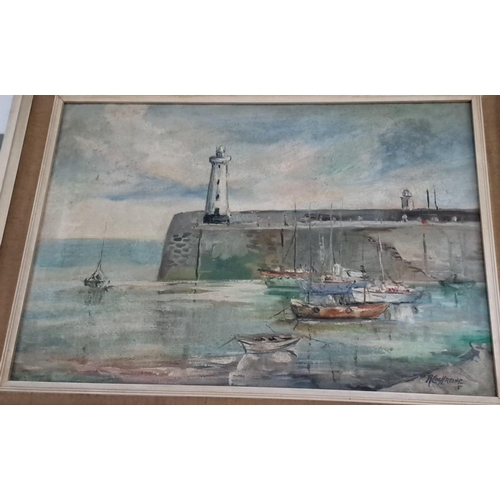 133 - Oil painting on canvas depicting a serene coastal scene with boats and a lighthouse. Signed by artis... 