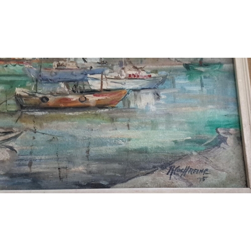 133 - Oil painting on canvas depicting a serene coastal scene with boats and a lighthouse. Signed by artis... 