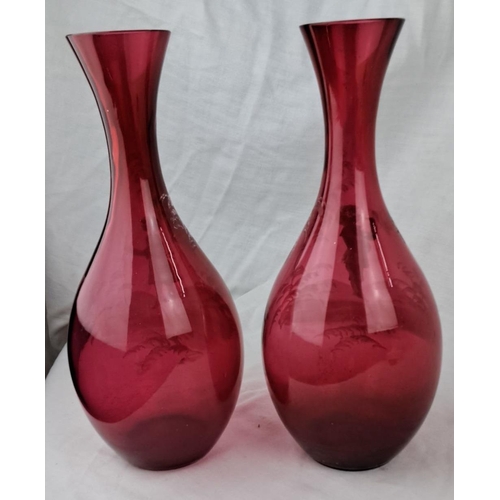 140 - Pair of Mary Gregory cranberry glass vases, featuring hand-painted white enamel children and floral ... 