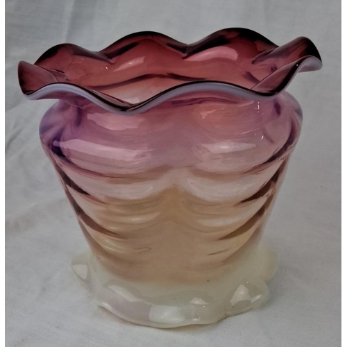 143 - An Unusual Hand-blown uranium glass shade with ruffled rim, featuring gradient shades of pink transi... 