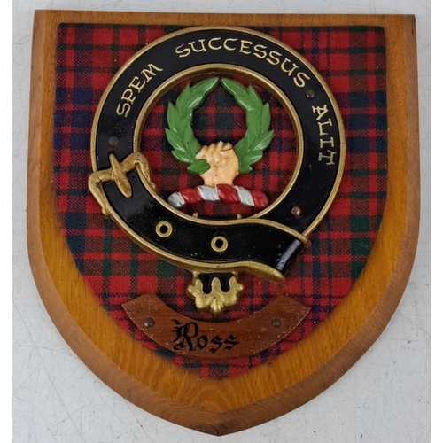 Antique plaque featuring the Ross tartan and crest.