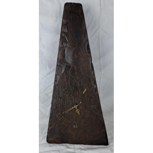 28 - Handcrafted slate clock with a unique triangular design, featuring Roman numeral markers and ornate ... 