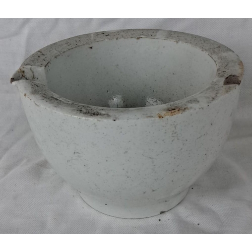 36 - White ceramic mortar, likely vintage, featuring a well-used appearance with a pouring spout.