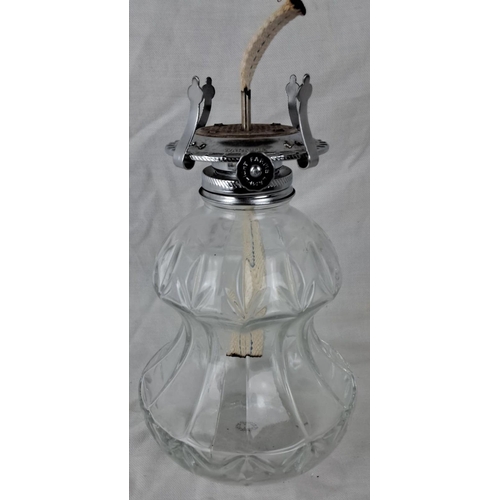 40 - Vintage clear glass oil lamp with metal burner and cotton wick. 