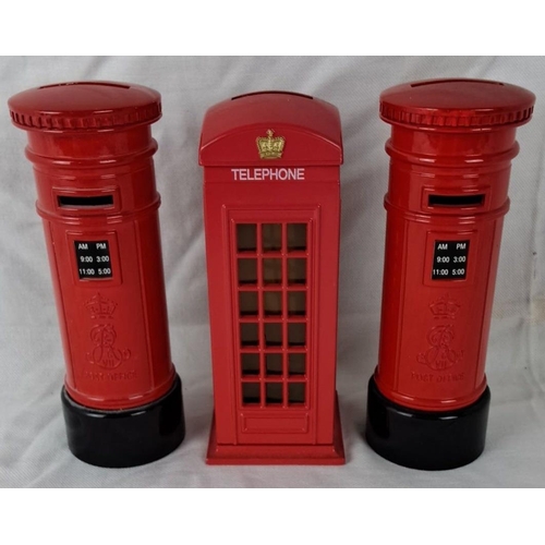 43 - Set of three red metal coin banks, featuring British telephone booth and postbox designs. Realistic ... 