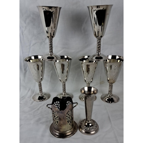 49 - Set of six silver plated chalices with ornate stems, along with an ornate  vase and a filigree holde... 