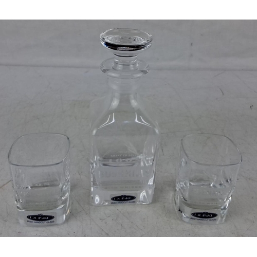 582 - Bushmills Irish Whiskey decanter with two matching tumblers, handcut glass by Duiske. High-quality g... 