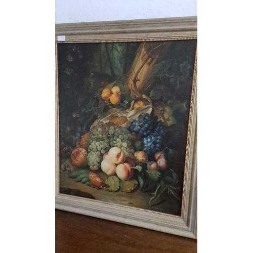 591 - Oil painting on canvas, still life of fruits. The piece is framed in a classic wooden frame and sign... 