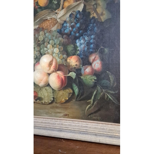 591 - Oil painting on canvas, still life of fruits. The piece is framed in a classic wooden frame and sign... 